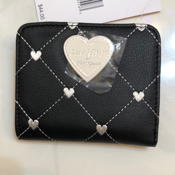 Betsey Johnson Luv Betsey Snap Card Wallet Black & Nude White Stitched Heart NWT - Picture 4 of 16